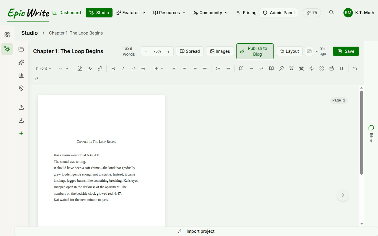 EpicWrite Studio editor with manuscript content, formatting toolbar, and page layout